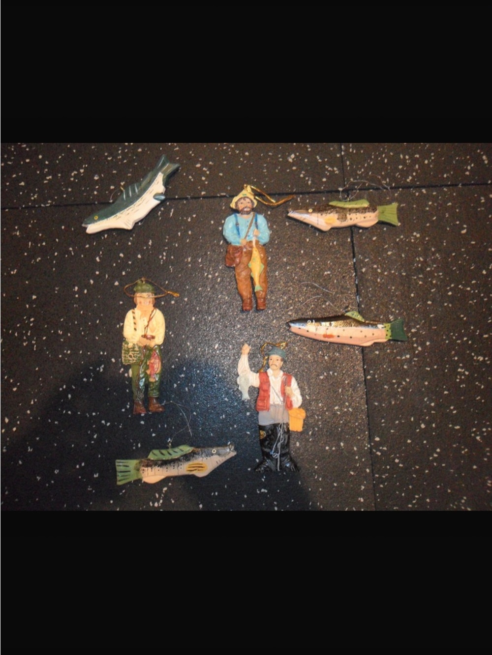Christmas Fishing Ornaments Lot of 7 wooden Santa Fish Fisherman